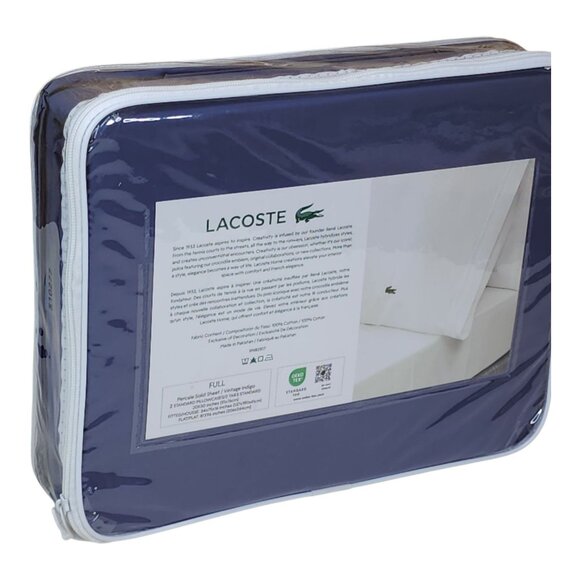 Lacoste Full Sheet Set 100% Cotton Percale Vintage Indigo Blue Light Weight - Picture 7 of 8